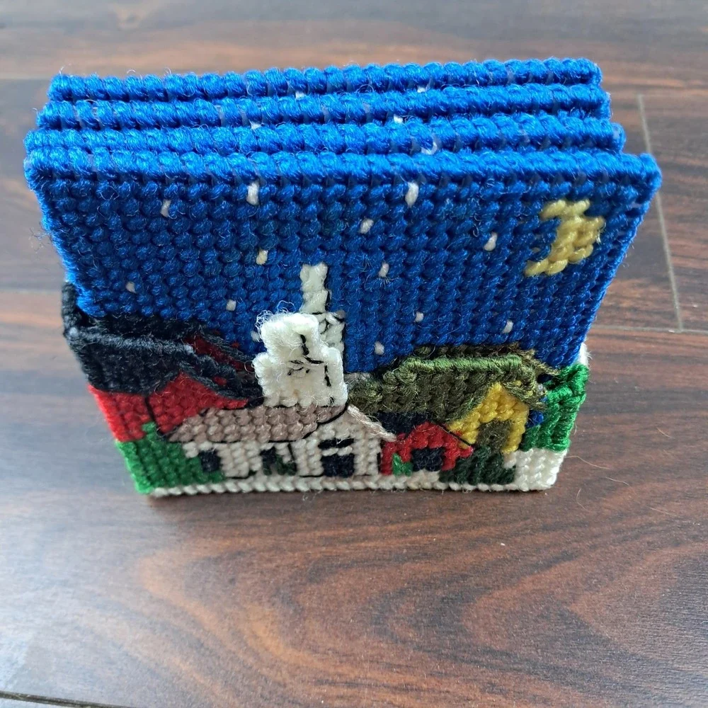 Vintage Plastic Canvas Coaster Set Village Church Scene Handmade‎ Needlepoint